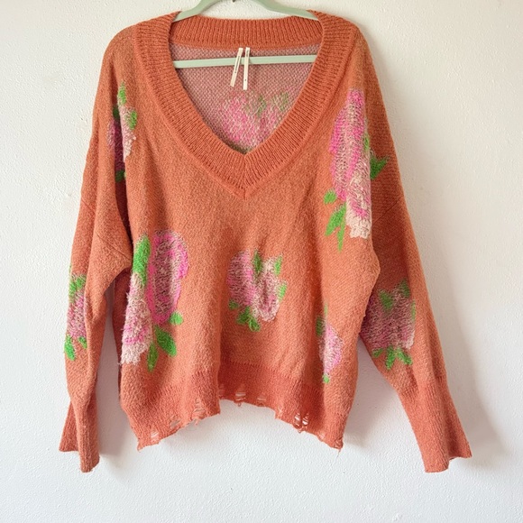 Anthropologie Floral Distressed Drop Shoulder V-Neck Sweater size extra large - Picture 5 of 14